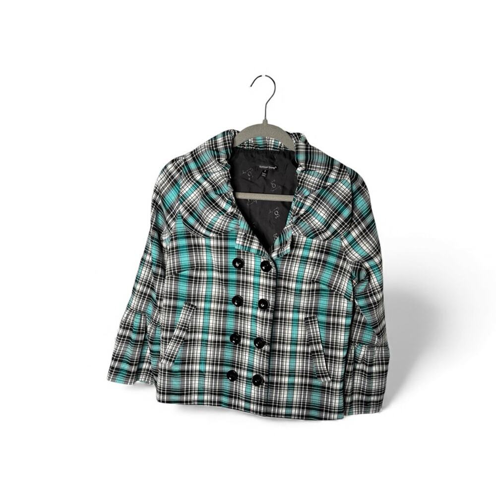 Samuel Dong Teal Black Plaid Ruffle Blazer Double Button Small